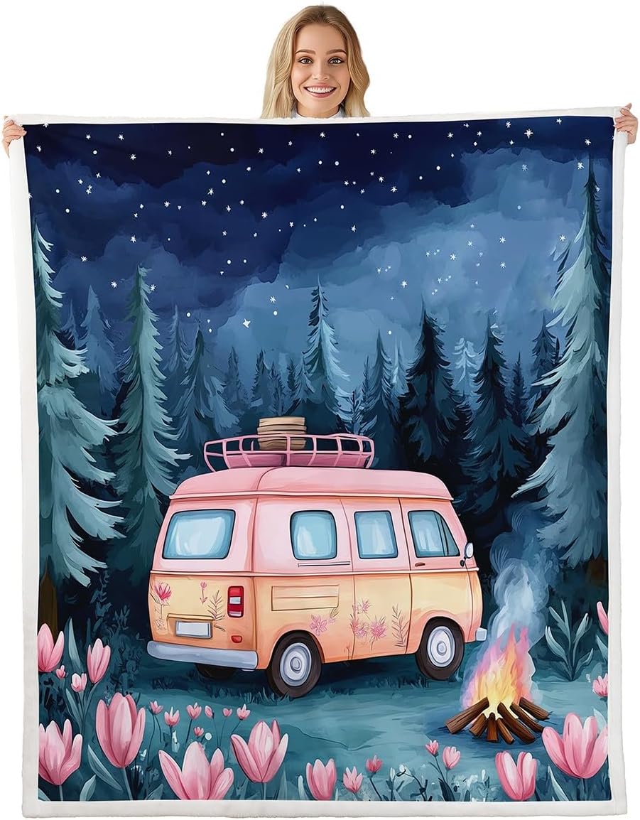 Erosebridal Rustic Farmhouse Camper Kids Fleece Blanket Happy Camping Throw Blanket Queen 90"X90" for Boys Girls Bed Sofa,Vintage Barn Door Camp Sherpa Blanket Travel Camper Rv Plush Bed Blanket
