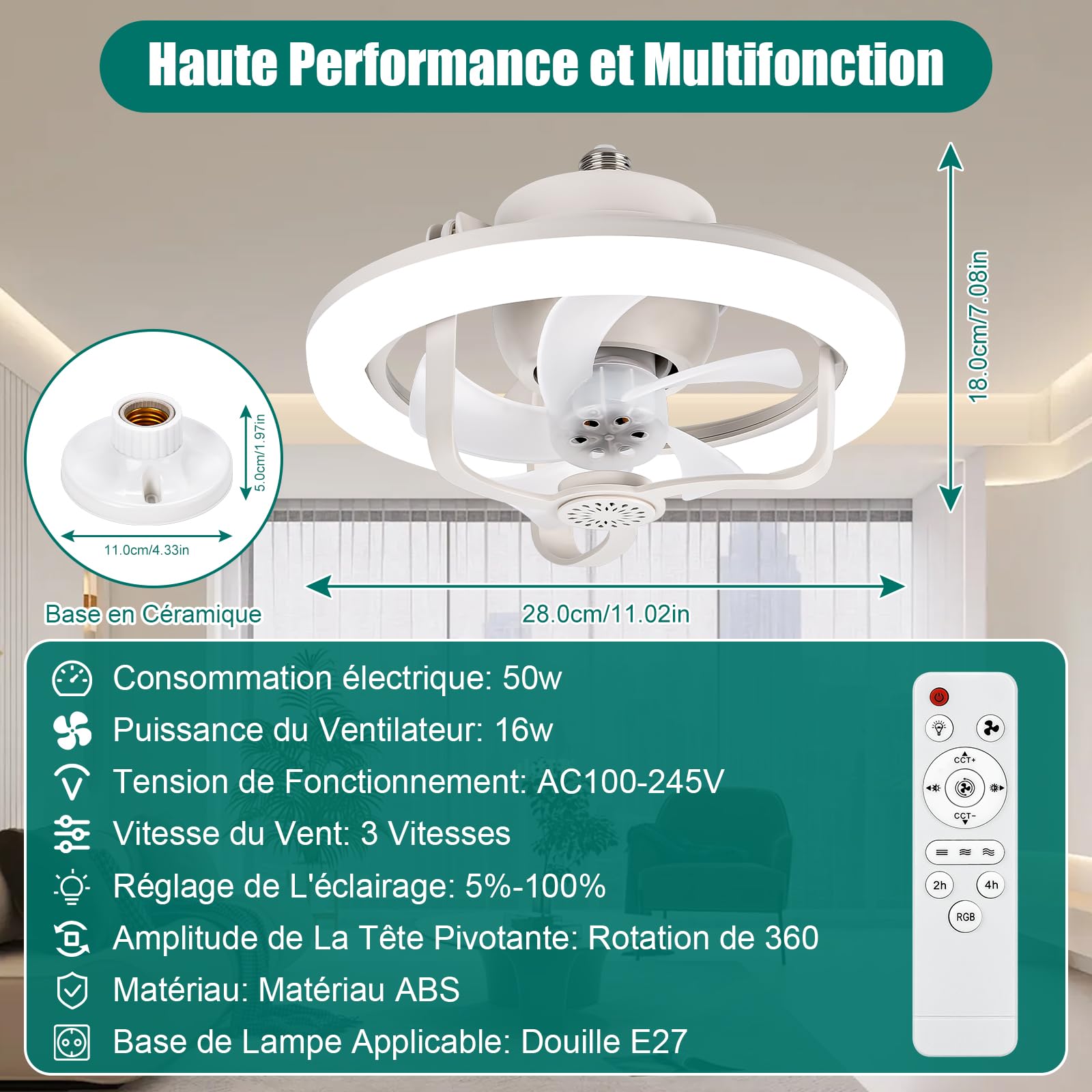 YOOHBERRYS Ventilateur de Plafond avec Lumiere RGB, Douille E27, Silencieux, Telecommande, 28cm*18cm