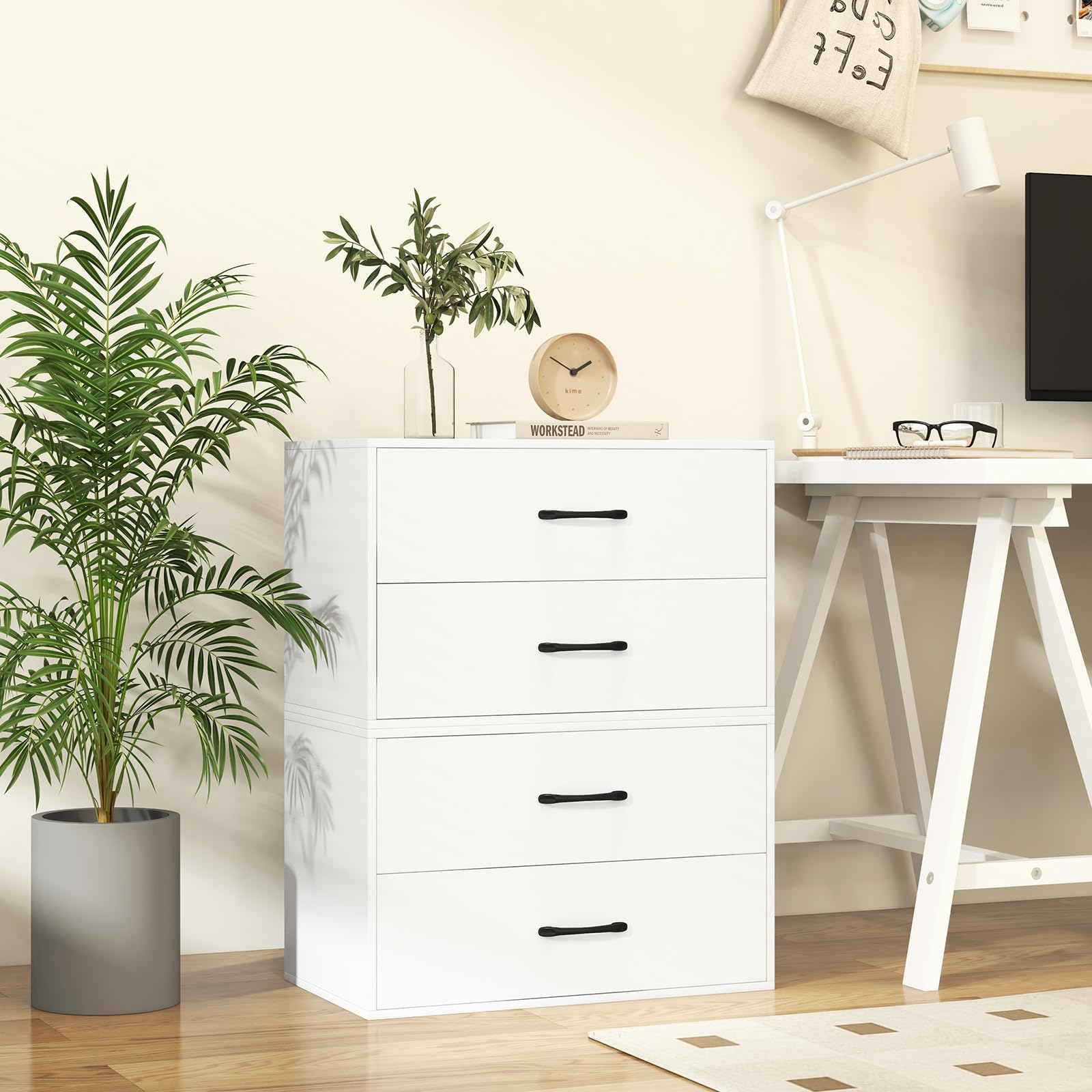 FANTASK Cassettiera Impilabile con 2 Cassetti, 60 x 34 x 38 cm, in Legno, Bianco, per Soggiorno, Camera da Letto, Ufficio