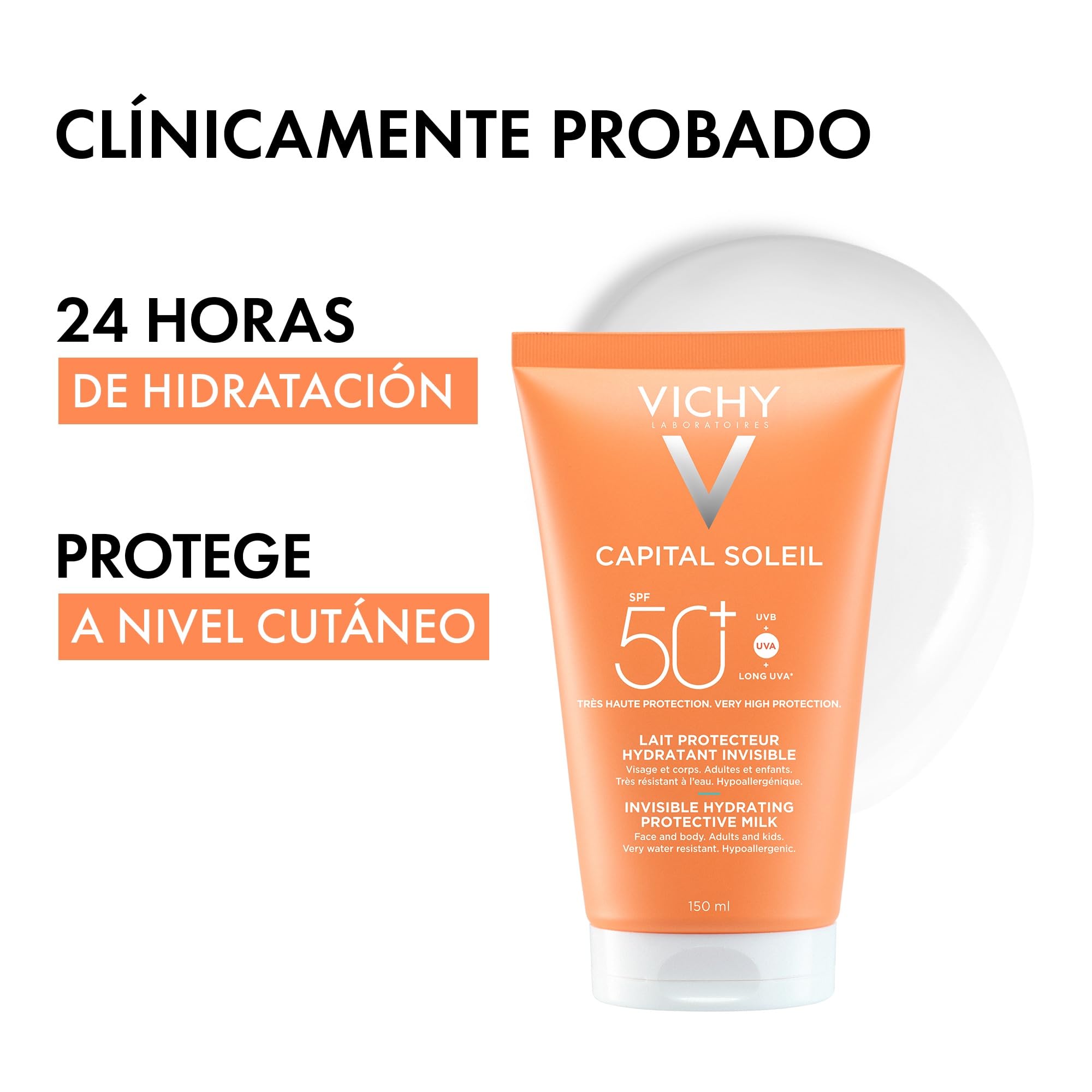 Vichy Capital Soleil Leche protectora solar hidratante invisible SPF50+, protección contra los rayos UVA+ UVB y UVA largos, 150 ml