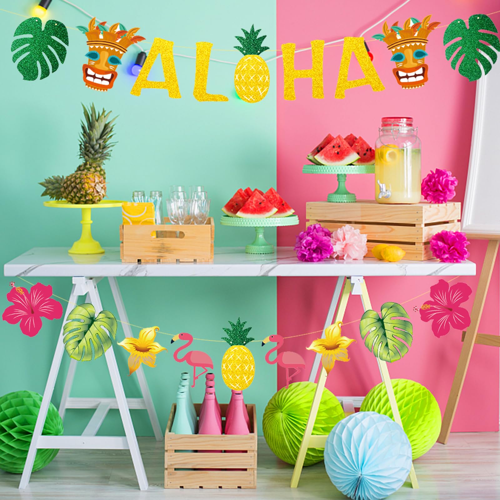 DPKOW Decorazioni per Feste Tropicali alle Hawaii, Etichetta Frutta da Cocktail, Fiori delle Hawaii, Foglie Palma, Palline a Nido d'Ape Ananas per la Decorazione Feste Estive Decorazione