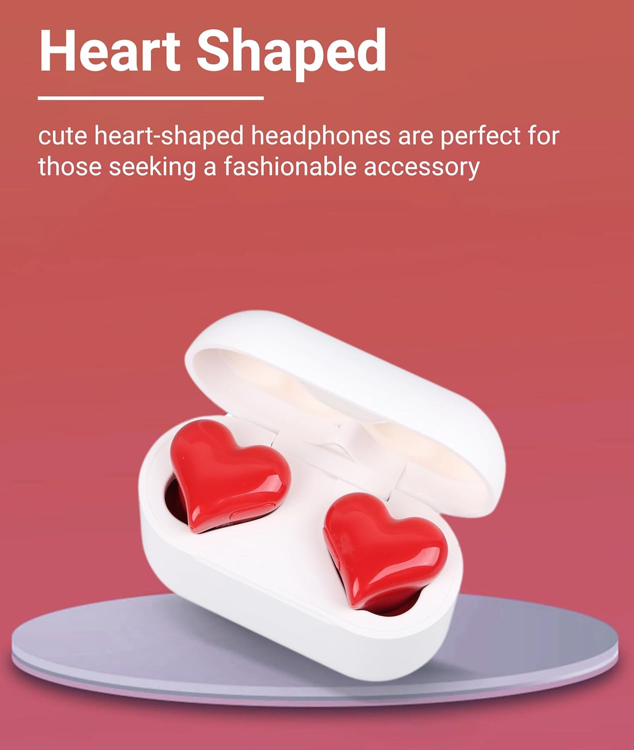 Jectse Heart Shaped Bluetooth Earbuds charging case with battery capacity details.