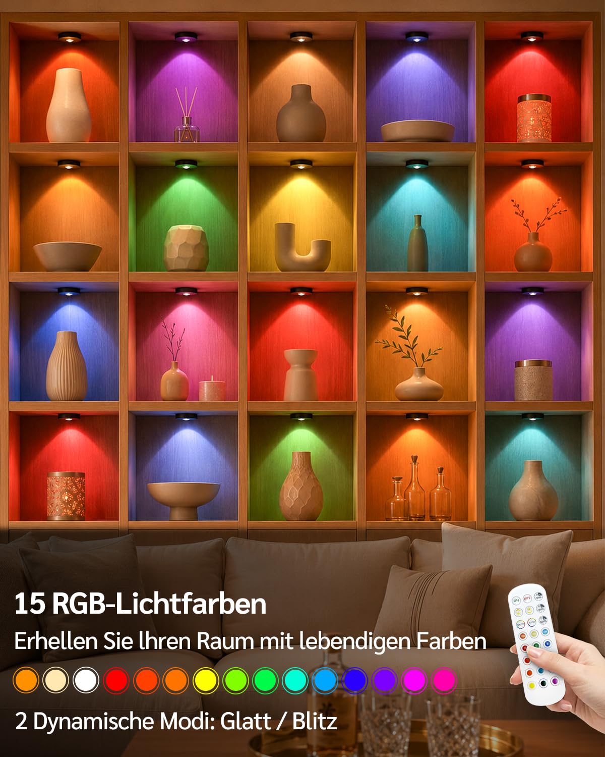 USB Aufladbar LED Spots Akku mit Fernbedienung, RGB Farbwechsel Unterbauleuchte, Magnetisch Dimmbar LED Schrankbeleuchtung, Kabellos Vitrinenbeleuchtung mit Timing Funktion Schwarz (3er Pack)