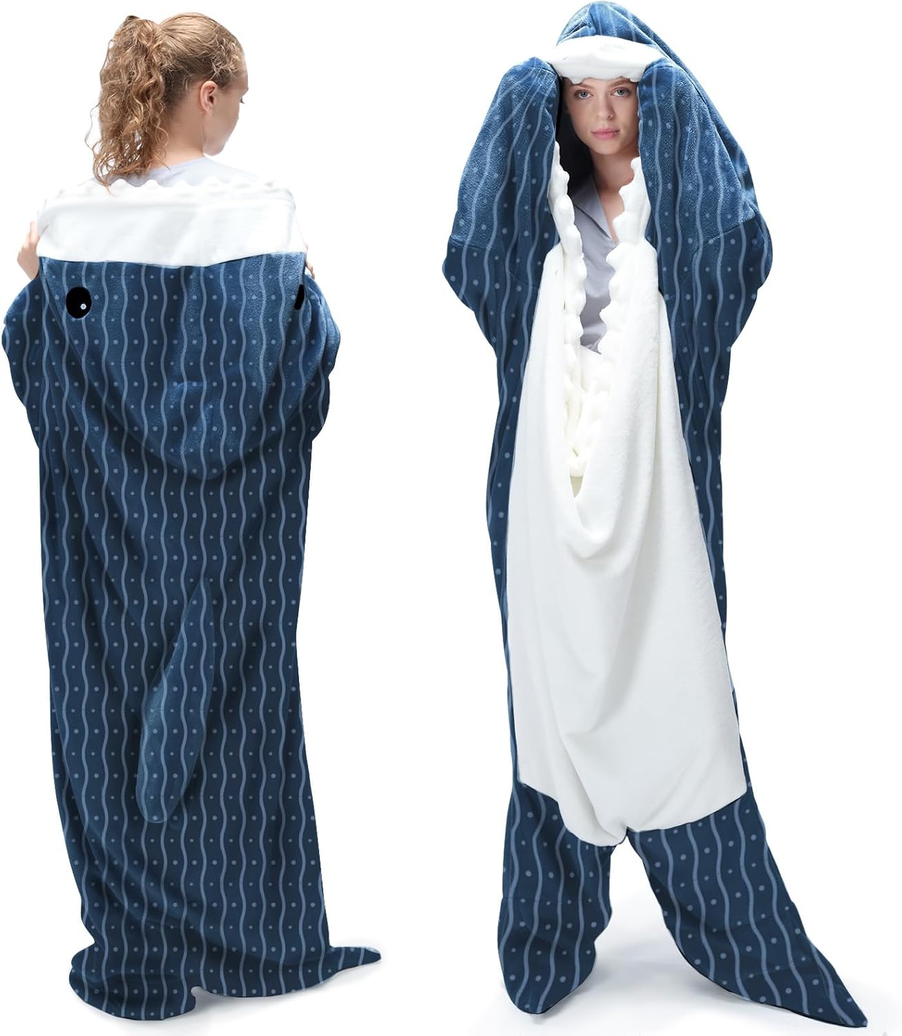 Touchat Shark Blanket for Adult Super Soft Cozy Flannel Wearable Blanket, Cartoon Animals Shark Blanket Hoodie, Sleeping Bag Cosplay Costume Blanket Gifts for Lovers (Blue Wave, M) Bwave Medium