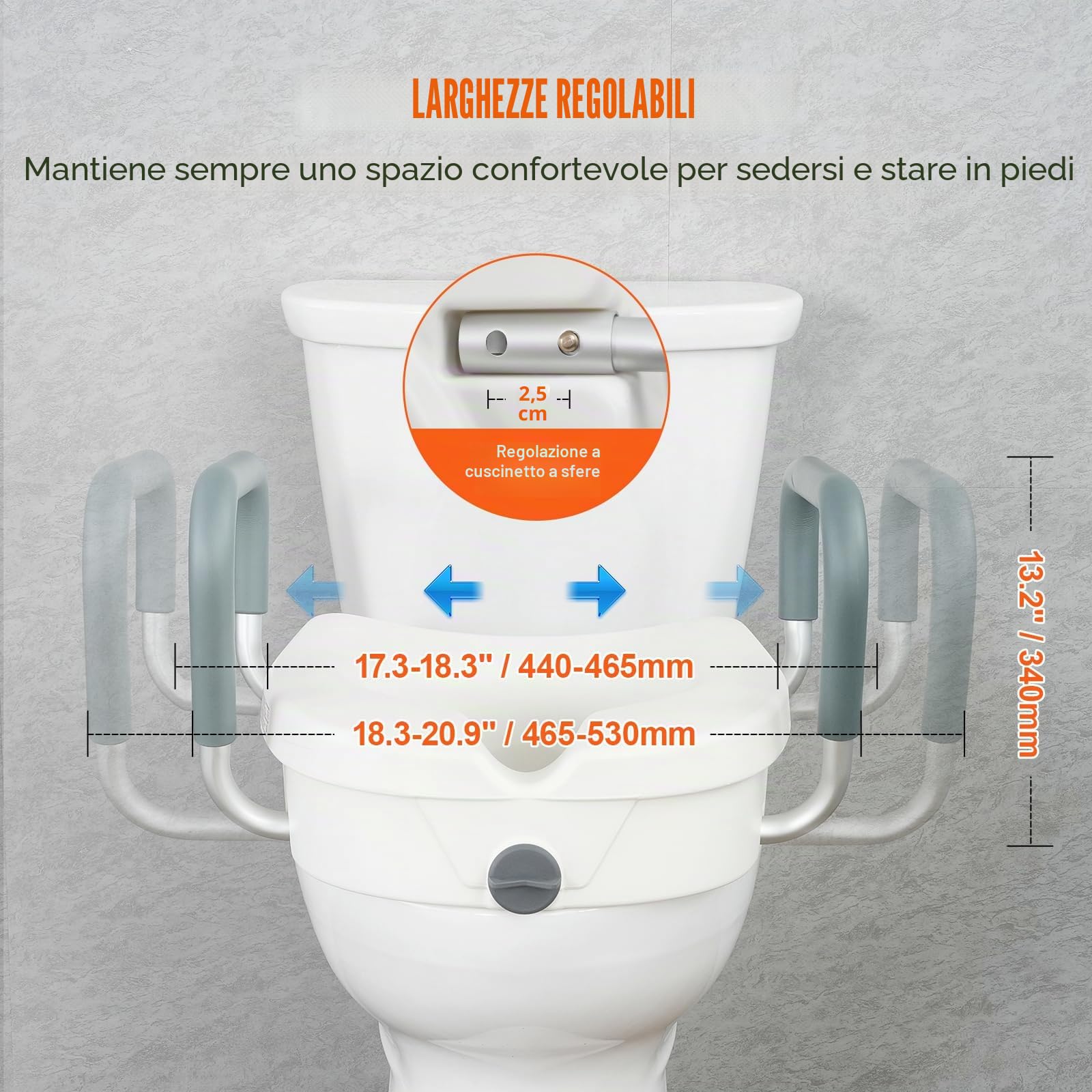 VEVOR Sedile WC Rialzato 435 x 535 x 340 mm Rialzo per WC Universale Altezza Rialzata 127 mm Capacità 158,7 kg per WC Rotondo, Allungato, Larghezza Regolabile, per Anziani, Disabili, Paziente, Incinta