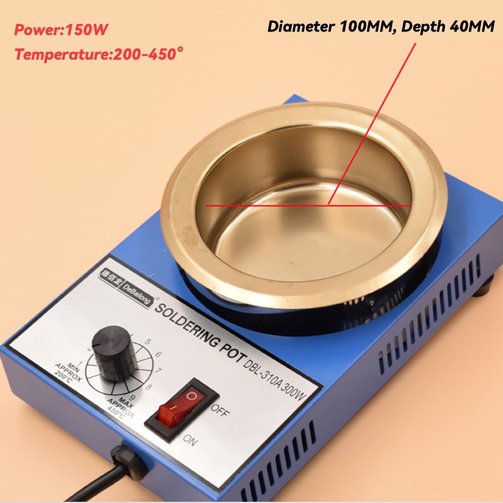100mm Löttopf Entlötbad 220V(EU Stecker),Schmelzofen eignet sich für bleifreie Zinnbarren, silberhaltige Zinnbarren, bleihaltige Zinnbarren, geschmolzenes Blei Zink Wismut (300W)