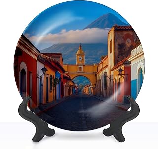 Decorative Plates for Display Cityscape Antigua City Guatemala Volcano Pictures Royalty Gift Plates Ceramic Collections Plates Hanging Artwork for Living Dining Room Kitchen Souvenir