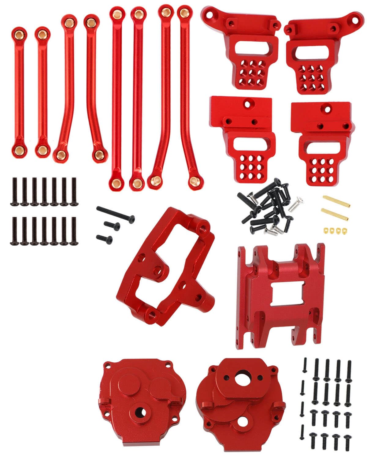 RCMYou RC Upgrade Parts for 1/18 TRX4M,Aluminium Steering Servo Mount & Gearbox & Gearbox Base & Front Rear Shock Towers & Suspension Links Hops Ups,Red