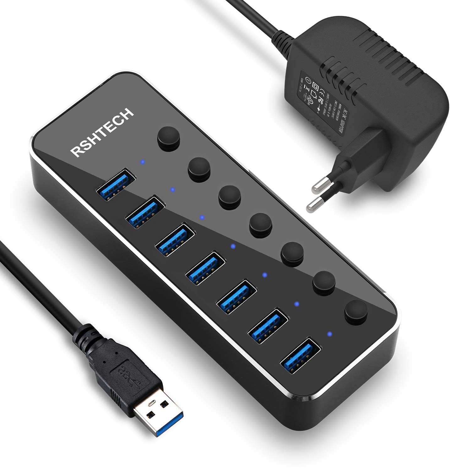 RSHTECH USB Hub Aktiv 3.0 mit 15W Netzteil, Aluminium USB 3.0 Hub mit 7 Ports USB 3.0 Verteiler, zum Laden und zur Datenübertragung, mit Schaltbar Schalter, LED und 5V/3A Netzteil (RSH-518-3)