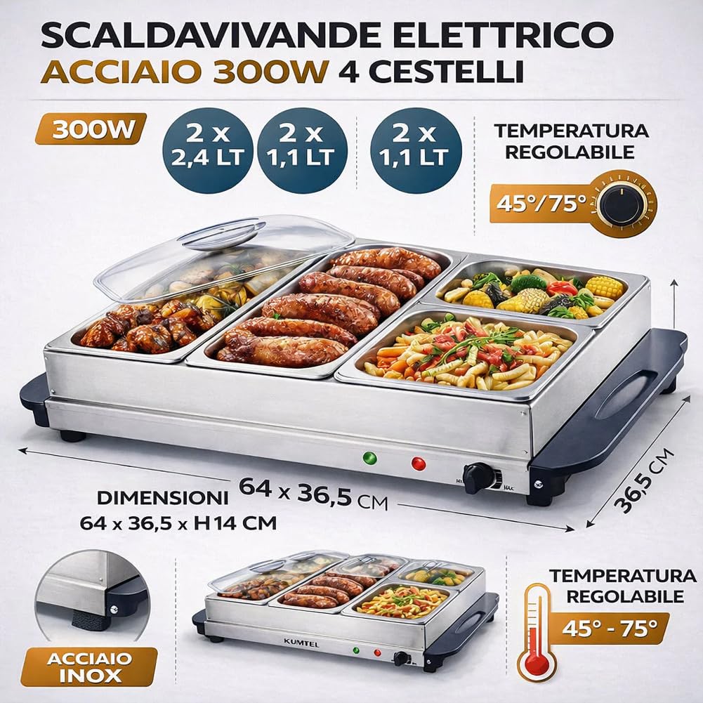 BAKAJI Scaldavivande Elettrico in Acciaio Inox con 4 Cestelli, Scalda Cibo Alimenti Hotel, Casa, Ristorante, Buffet, Temperatura Regolabile 45°-75°, Facile da Pulire, Sistema Riscaldamento Bagnomaria