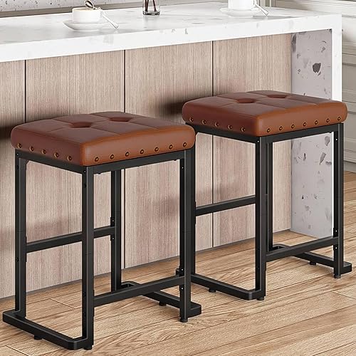HOOBRO Bar Stools, Bar Stools Set of 2, Counter Height stools with Footrests, 24" Bar Chairs with Sponge, Barstools for Kitchen Island, Bar, Restaurant, Cafe, Brown and Black CB62BYP201