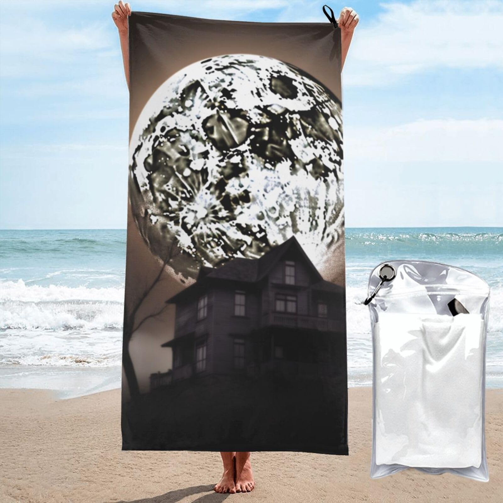BWWHCCTI Halloween Moon Printed Microfiber Quick Dry Beach Towel 80x160 CM, Fast Drying Bath Towels with Bags for Travel,Camping,Gym,Beach,Swimming,Yoga