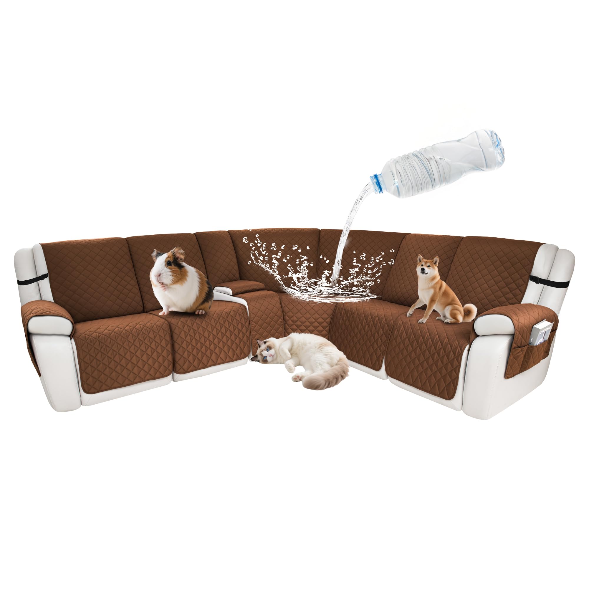 Waterproof Sectional Reclining Couch Covers L Shaped Recliner Sectional Sofa Cover 8 Piece Non Slip Washable Corner Recliner Slipcover Set for Pet Dog (5 Seater 1 Console Cover, Chocolate)