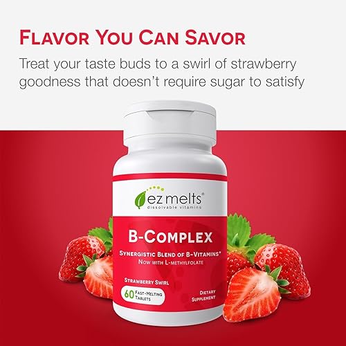 Miniatura 4 de EZ Melts Complejo B con metilcobalamina y metilfolato vitaminas sublinguales vegano cero azúcar sabor natural a fresa 60 tabletas de disolución
