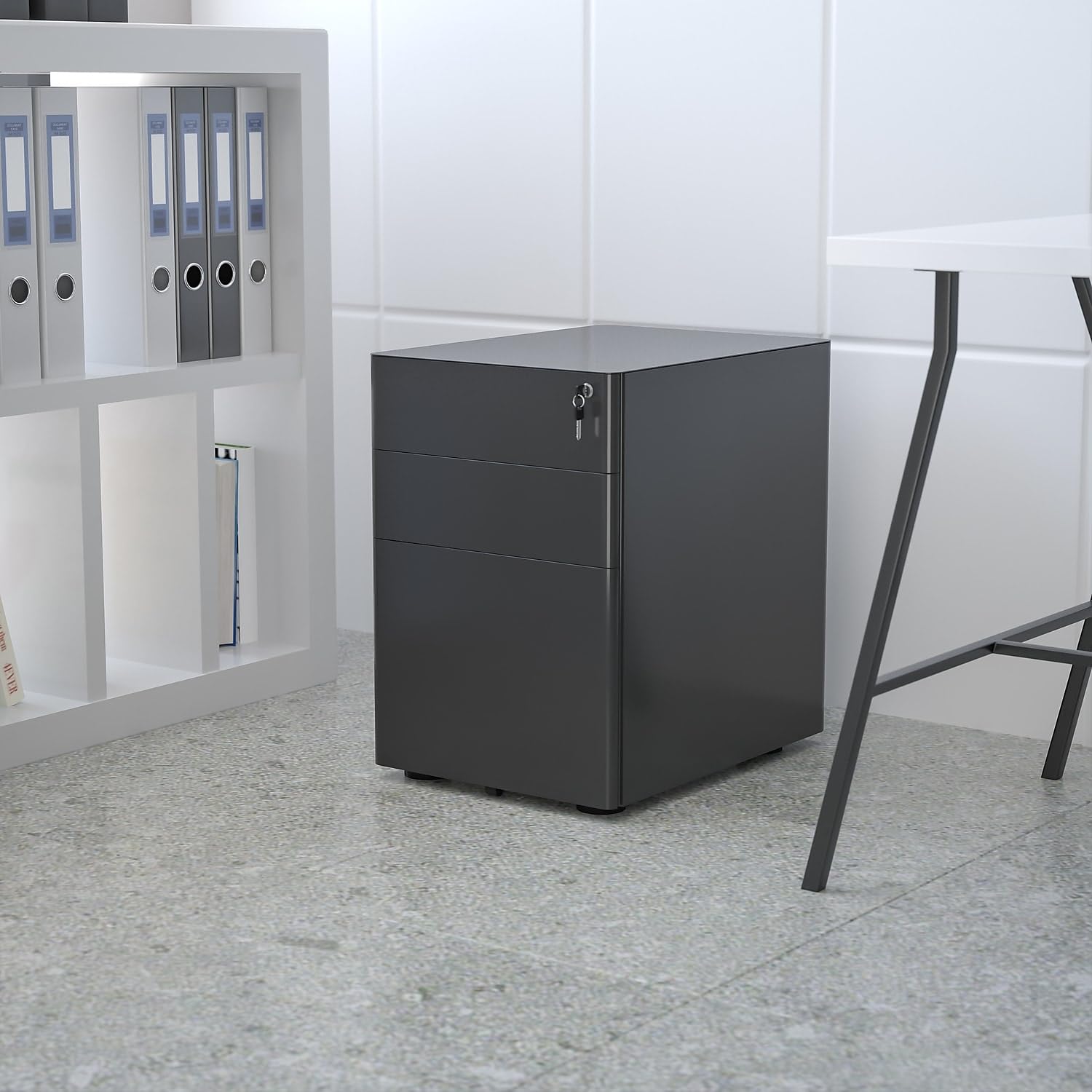 Flash Furniture Moderner Aktenschrank mit 3 Schubladen, abschließbar, mit Kippmechanismus und Hängeschublade für Rechts- und Briefordner, Schwarz