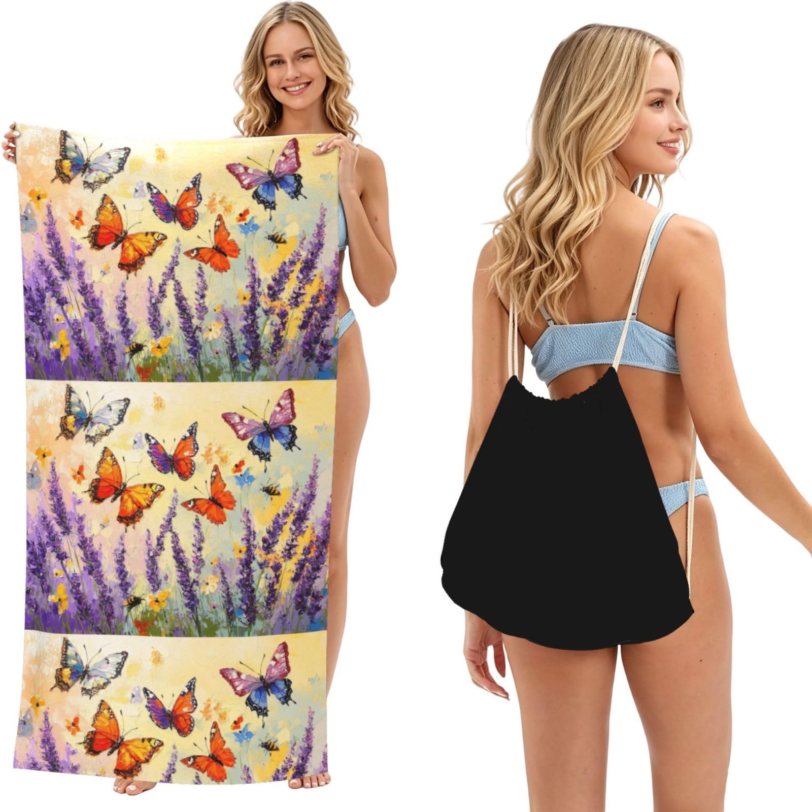 SKGOHLH Purple lavender and butterfly 2in1 Packable Beach Towel Bag Women