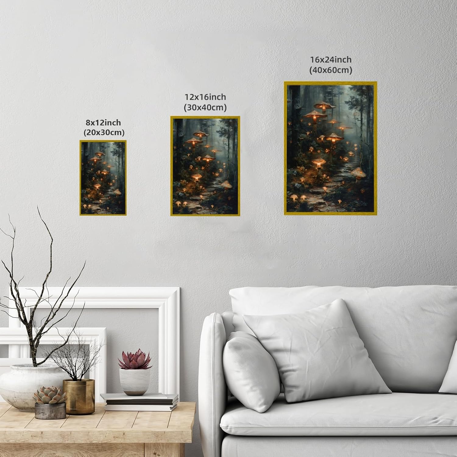 Balsuka Fantasy Wall Art Glowing Mushroom Magical Forest Poster Nature Landscape Enchanted Woodland Canvas Print Dark Academia Decor Whimsical Mystical Fungi Pictures for Bedroom 8x12inch Gold Frame - Image 3