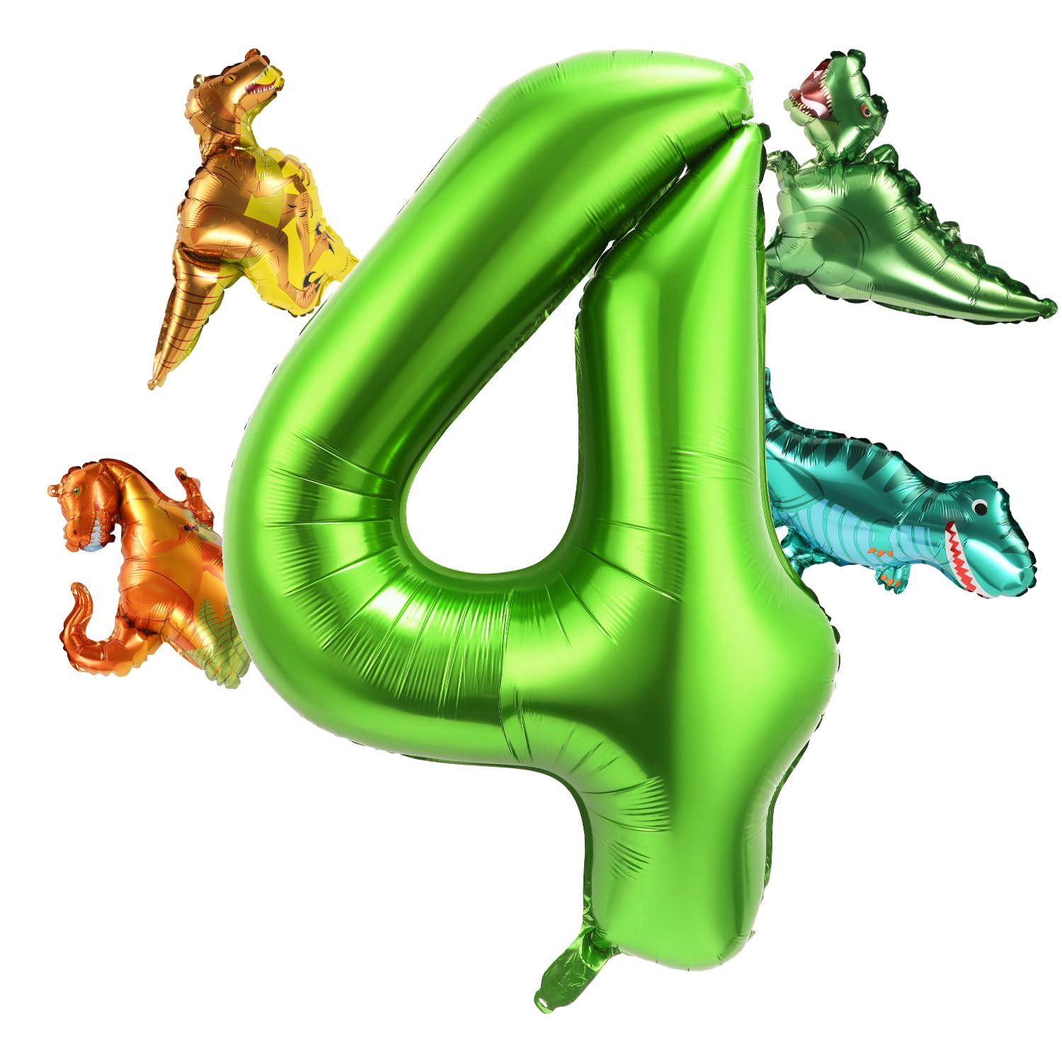 40 Inch Number Balloon with 4 Cute Dinosaur Balloons, Aluminum Foil Large Numeral Balloons Green Dino Balloons Set for Boys Girls Jungle Themed Birthday Party Decoration Supplies (Number 4)