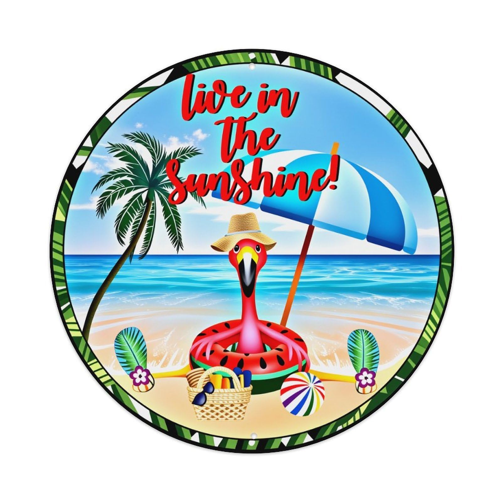 Tropical Beach Scene With Flamingo Round Tin Sign Vintage Metal Poster Retro Bar, Home, Man Cave, Kitchen, Laundry Room Wall Art Decor Gift 8x8In