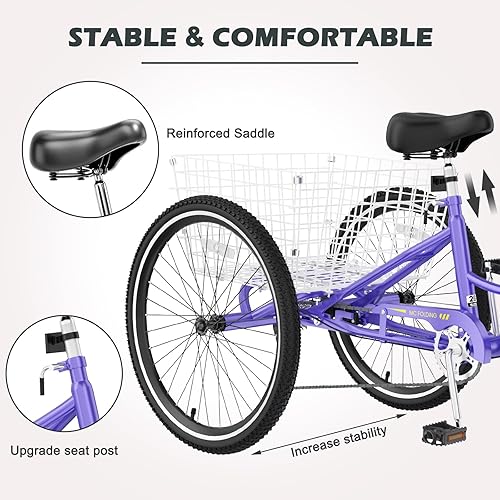 Miniatura 23 de ABORON Triciclo para adultos, bicicleta de 3 ruedas para adultos, triciclo para adultos, llantas de doble pared, triciclo para mujeres y hombres