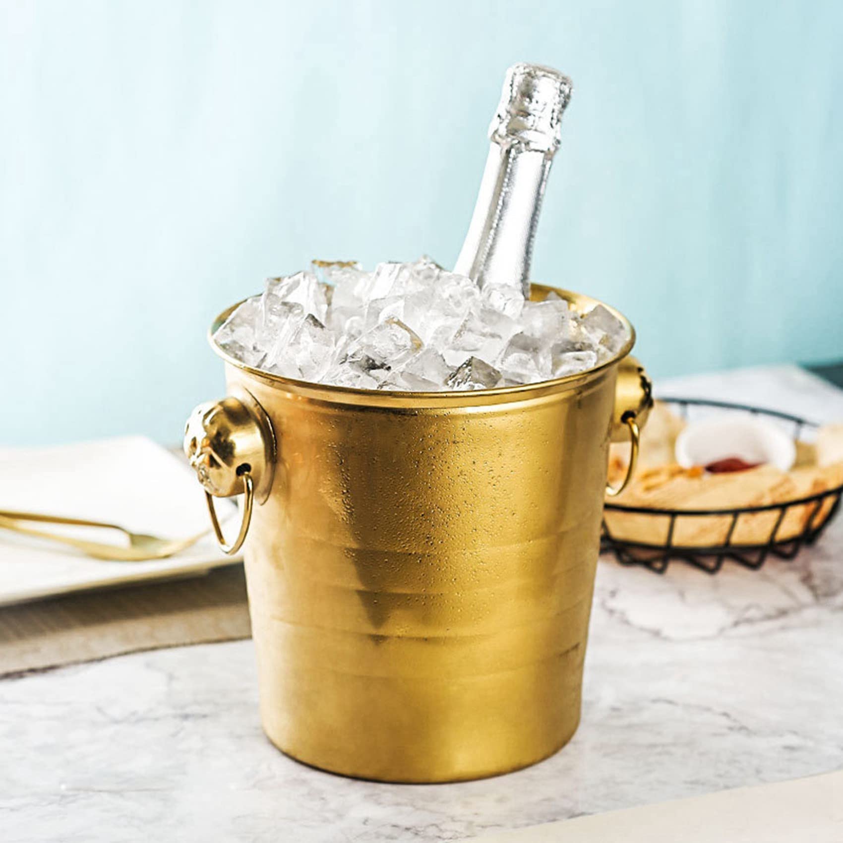 4 Pieza 3L Cubo de Hielo de Acero Inoxidable con Cabeza de Grueso Cubo de Hielo para Fiesta (Dorado)