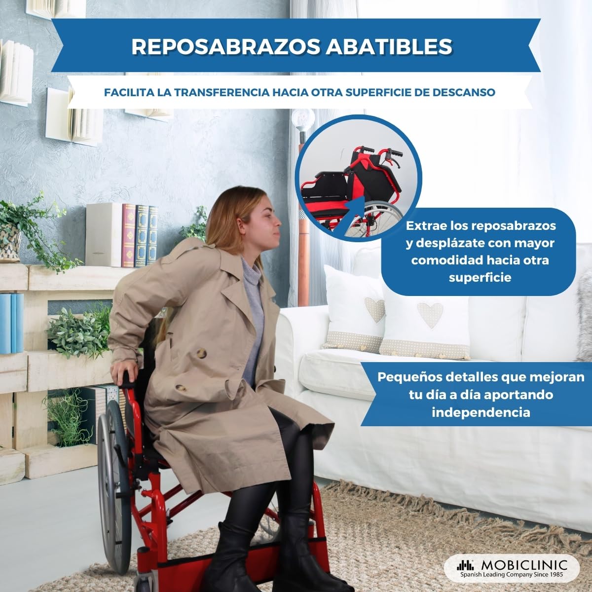 Mobiclinic®, Silla de ruedas plegable, Aluminio, Doble sistema frenado, Reposapiés abatibles y extraíbles, Reposabrazos, Respaldo partido, Asiento 44 cm, Ultraligera