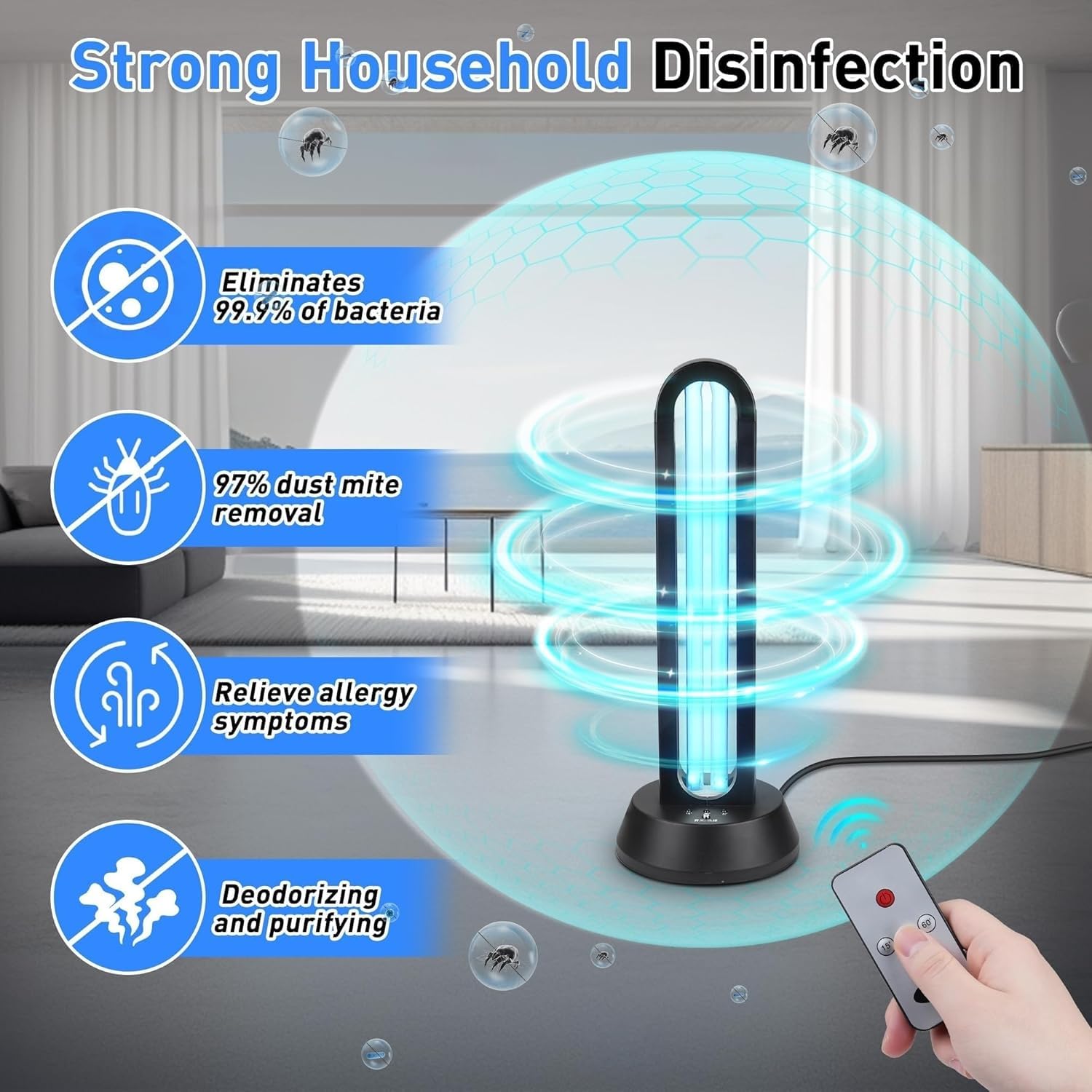 ZKX Lámpara UV Germicida 65W Esterilizador UVC, Control remoto y temporizador de 3 modos, Mata 99.9% Bacterias/Ácarios/Gripe para Hogar/Coche/Oficina