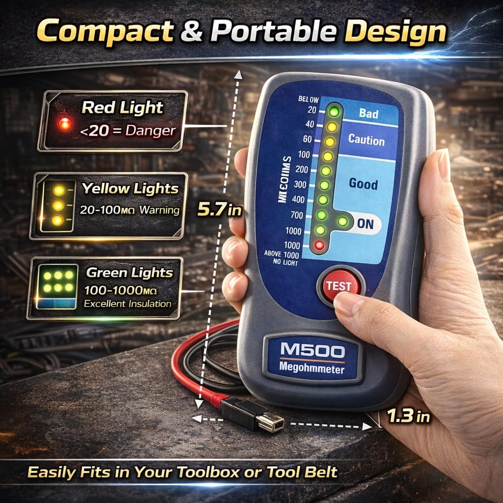 M500 Insulation Tester Megohmmeter, 500V Digital Insulation Resistance Tester up to 1000MΩ, HVAC Compressor & Motor, Battery Operated, Includes Soft Carrying Cas