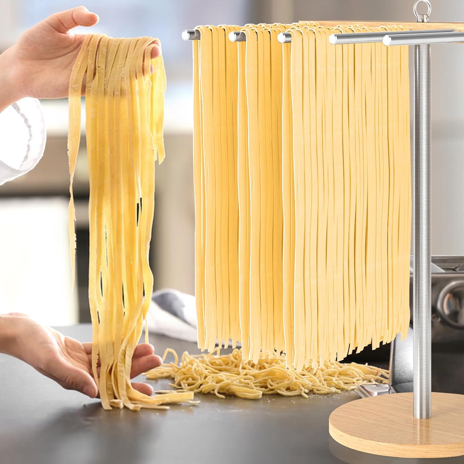 Large Pasta Drying Rack, Stable Pasta Drying Rack Collapsible for Fresh Spaghetti, 304 Stainless Steels Arms Prevents from Sticking, Drying Rack for Homemade Noddles, Tagliatelle, Fettuccine - Image 2
