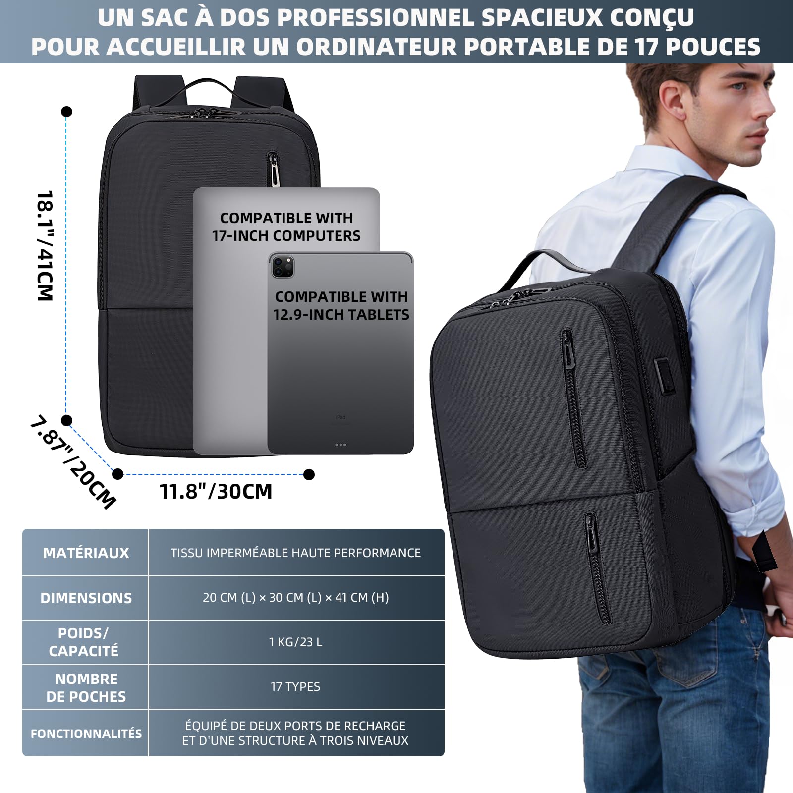 Sac à dos pour Ordinateur Portable 17,3 Pouces, sac à dos de Voyage Professionnel Imperméable avec port de Recharge USB, sac à dos Compact pour Homme et Femme, sac léger pour le Travail et les études