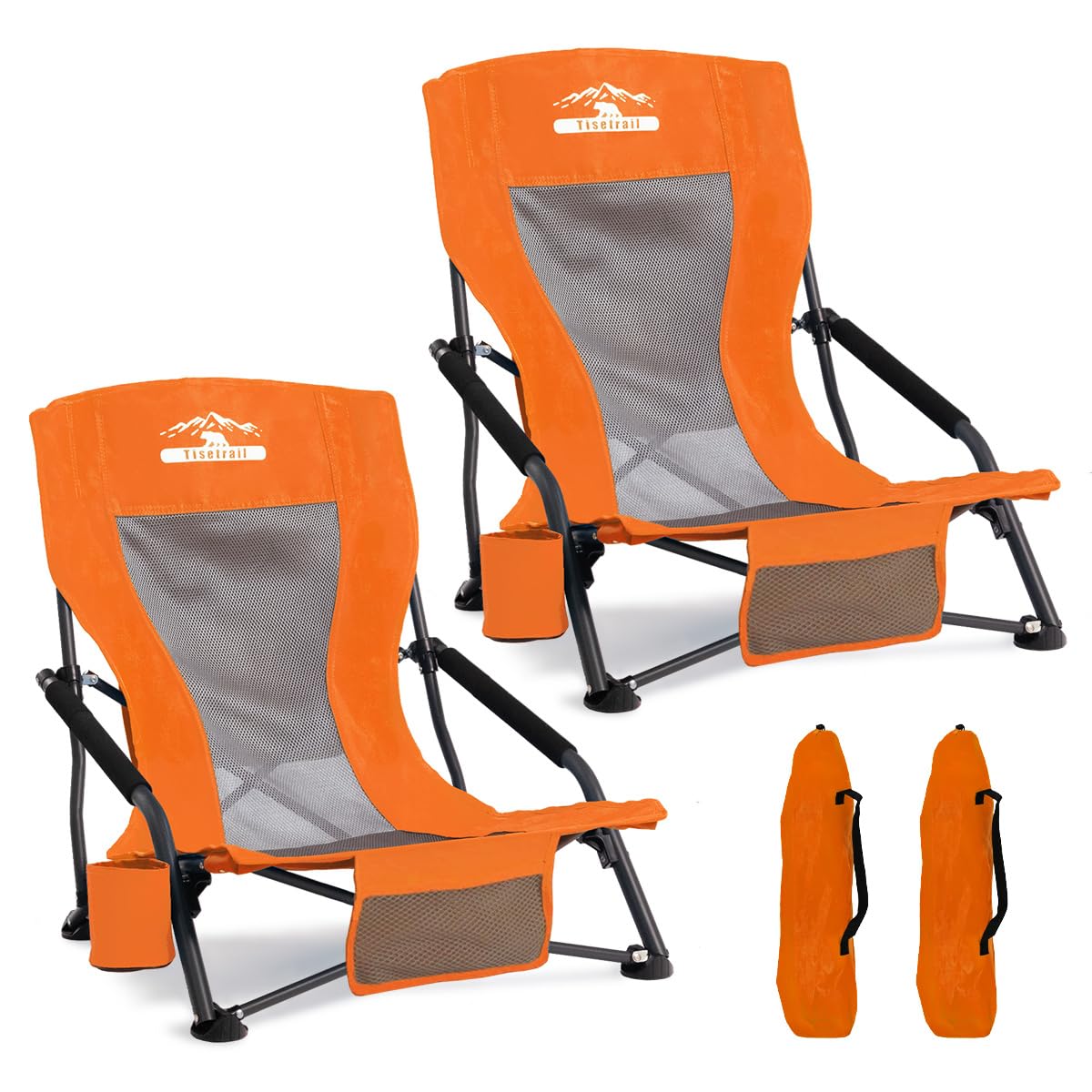Low Profile Beach Chair with Cup Holder Folding Mesh Sand Chair for Adults Portable Lightweight Lowback Sling Chair for Beach Camping Concert Travel Supports 300lbs - 2 Pack
