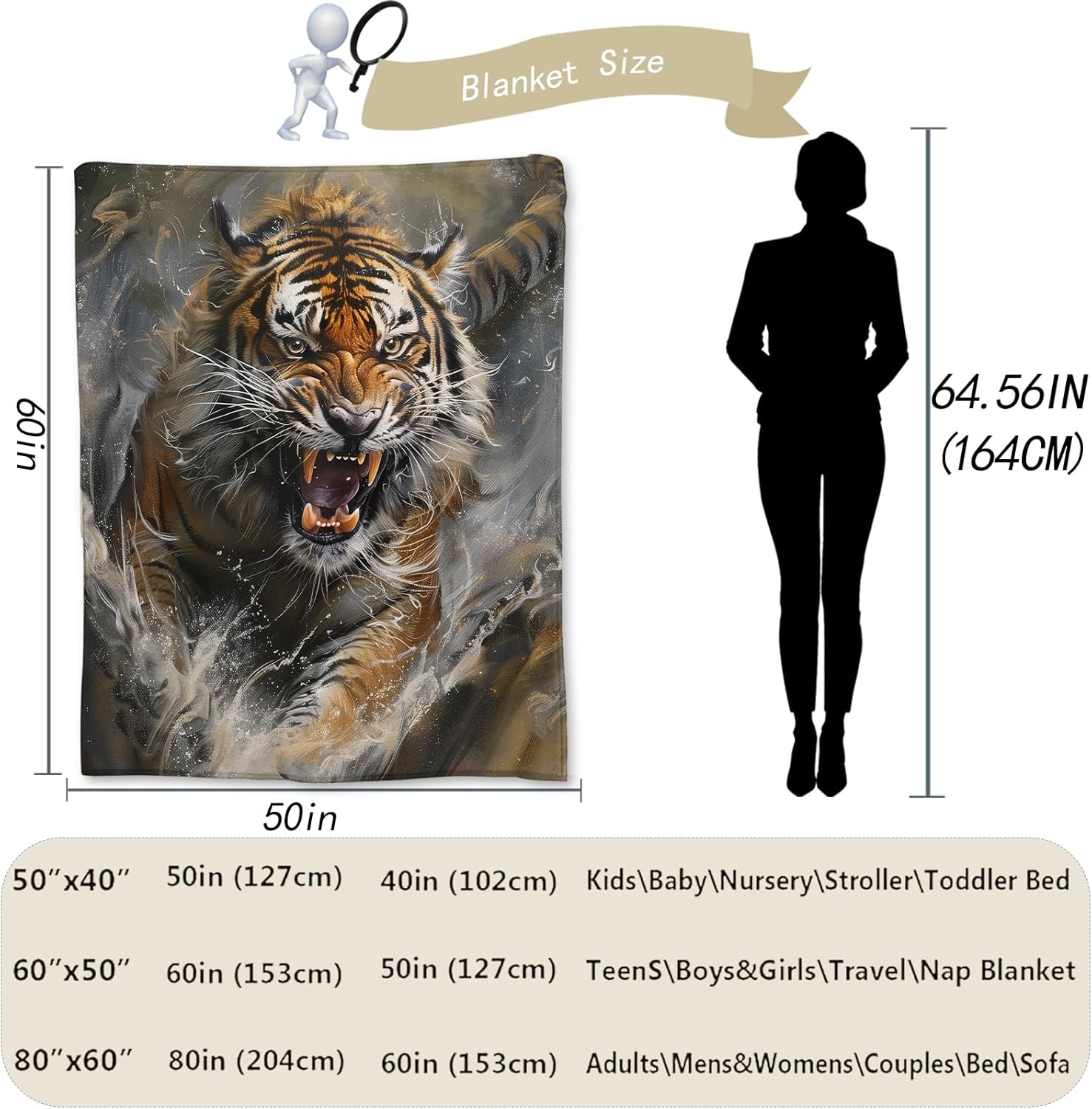 Artistic Tiger Blanket - Soft Cozy Lightweight Flannel Throw Blanket for Couch, Bed, Travel, Outdoor | Warm, Fluffy, Fuzzy Blankets for Adults Kids Men Boys 50×60 in