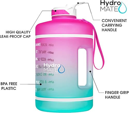 Miniatura 3 de HydroMATE Botella de agua de 1 galón con mensaje motivacional y marcador de tiempo con popote y asa grande, reutilizable, sin BPA, a prueba de