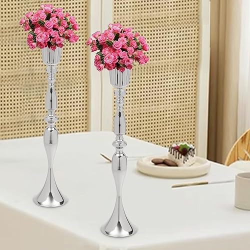 Miniatura 3 de Centros de mesa de boda plateados, 2 piezas, florero de trompeta de metal plateado con cuentas de cristal, jarrón de arreglo floral de 29.1 pulgadas
