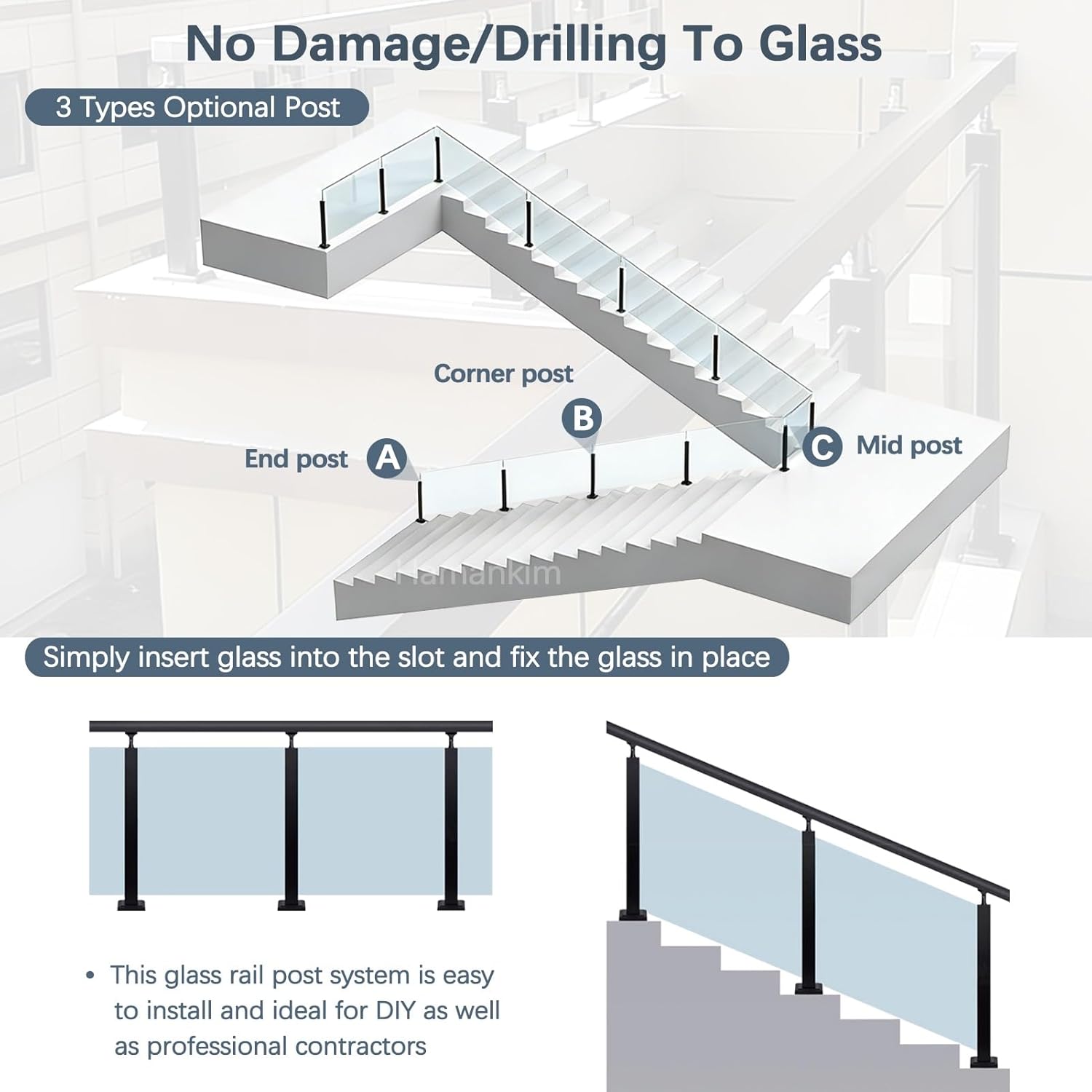 Indoor Staircase Glass Railing - 85/105cm Height Glass Clamp Balcony Balustrade Post for Stairs Patio - Glass Panel Support Post for 15mm Glass - Metal Fence System(Mid Post,85cm(33.5in))