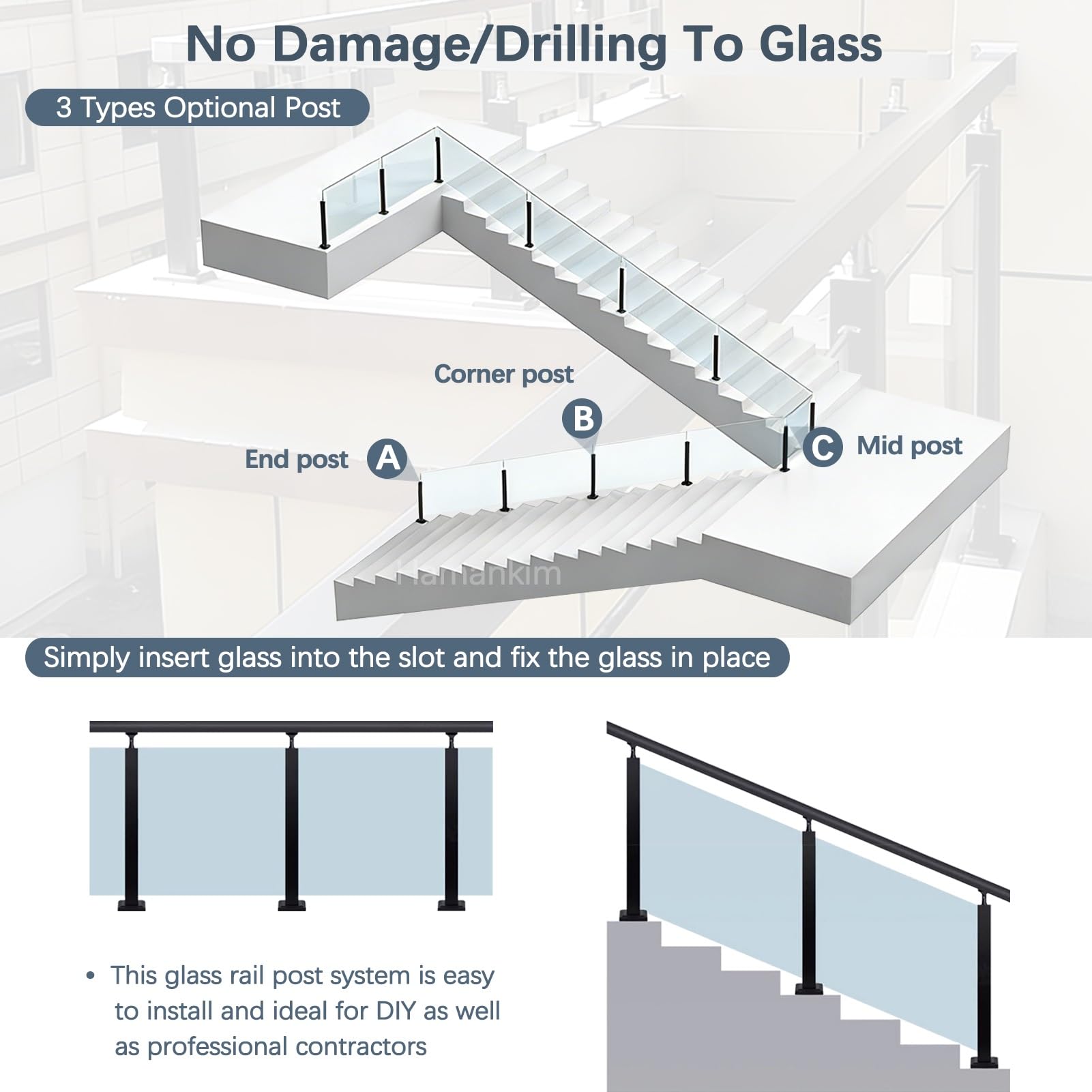 Palo per ringhiera in vetro sistema di balaustra con fessura esterna in acciaio inossidabile da 85/105cm per vetro da 15mm paletto quadrato per ringhiera per balcone scale(Mid Post,85cm(33.5in))