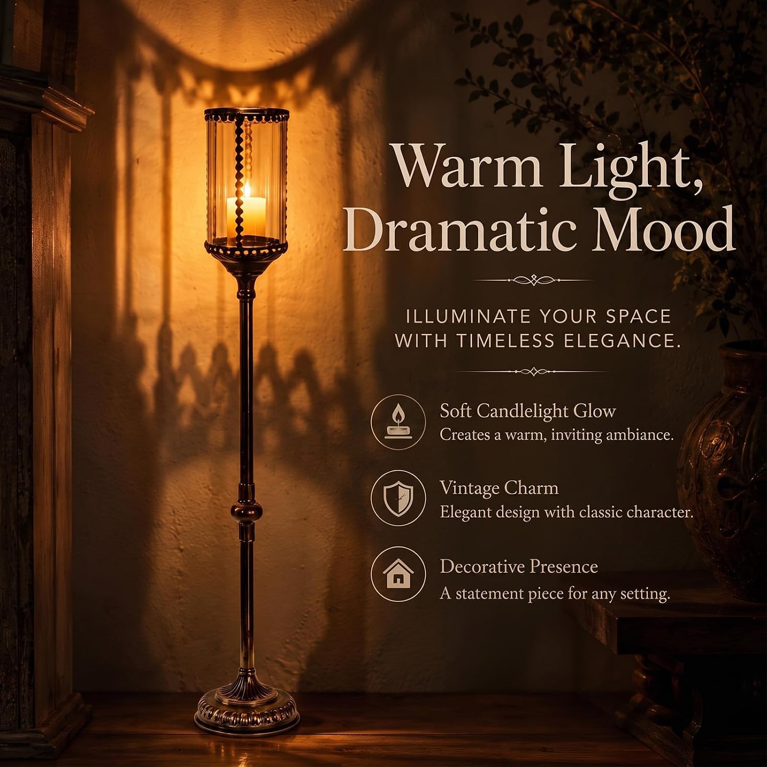 Woanger 35.2" Tall Floor Candle Holder with Glass Windproof Shade, Vintage Wrought Iron Pillar Candle Stand, Rustic Gothic Metal Candelabra for Living Room Fireplace Wedding Decor