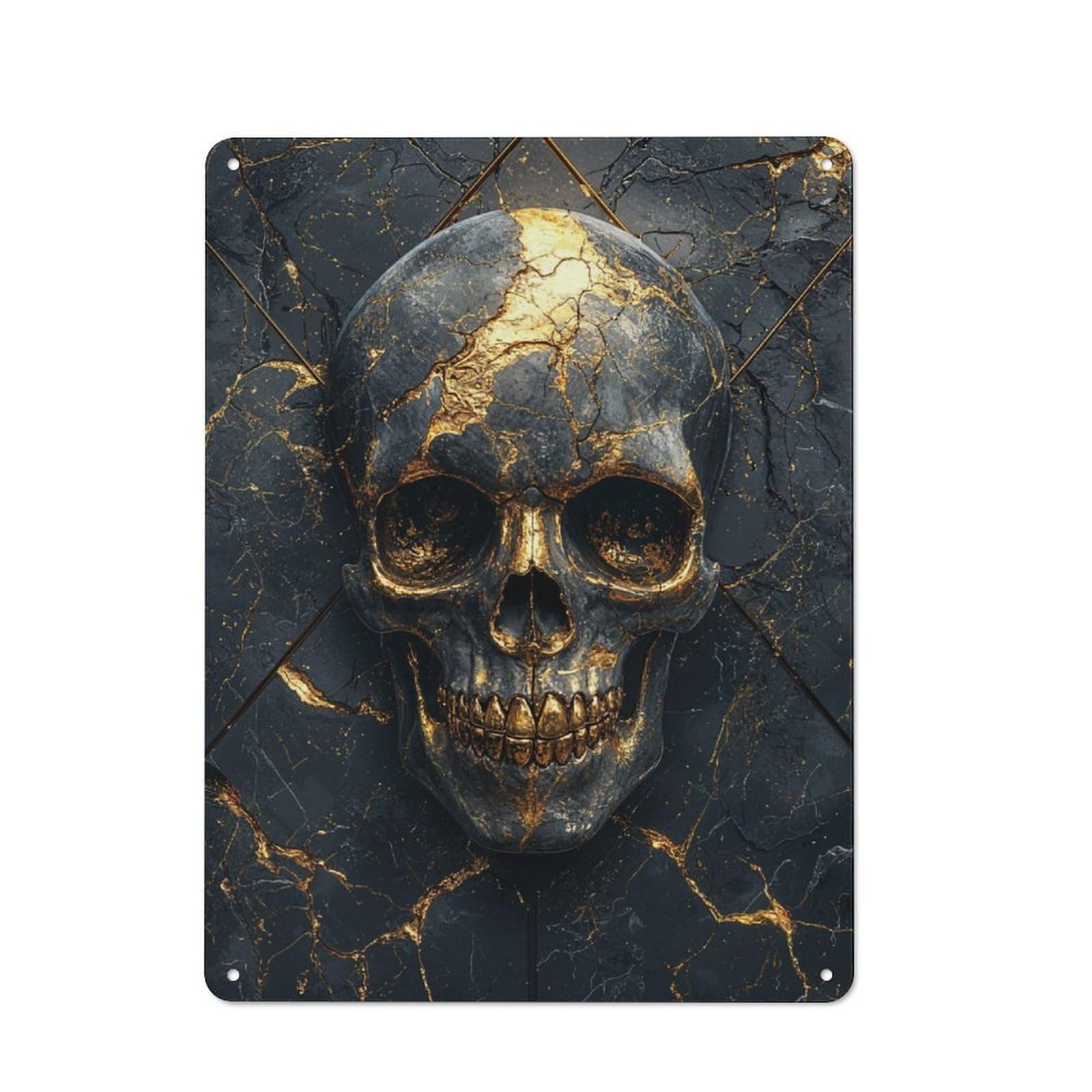 Junmoney Gold Skull On Black Marble Retro Metal Wall Decor 40X30cm, Tin Wall Sign For Bakery, Diner, Cafe Or Family Room