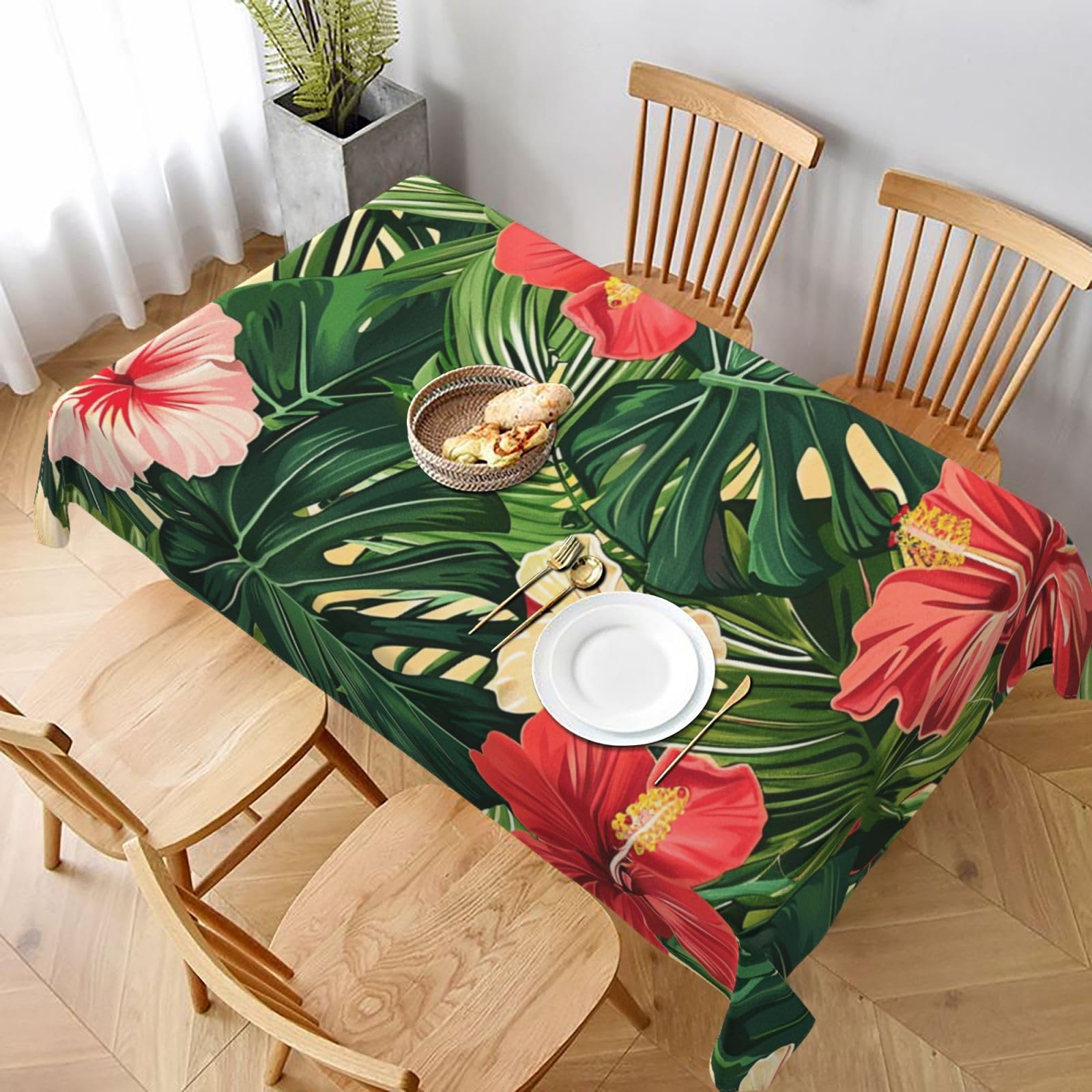 WPKJU Vegetation Leaves with Hibiscus Flowers Printed Tablecloth 60x90 in Water Resistant Table Cover Washable Rectangle Table Cloth for Dining Tables