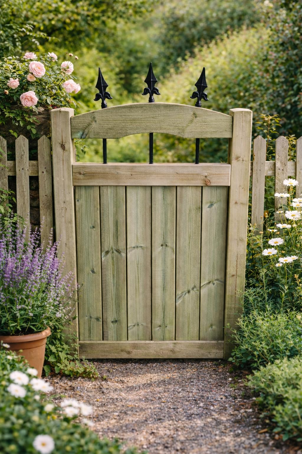 Wooden Garden Gate Spiked with Curved Top – Pressure Treated Outdoor Fence Gate with Metal Spindles (120cm High x 105cm Wide x 5cm Deep)
