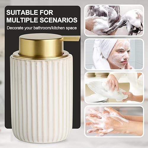 Miniatura 5 de Dispensador de jabón de manos recargable blanco esmaltado, dispensador de jabón líquido de manos de rayas de cerámica de 13 onzas con bomba dorada