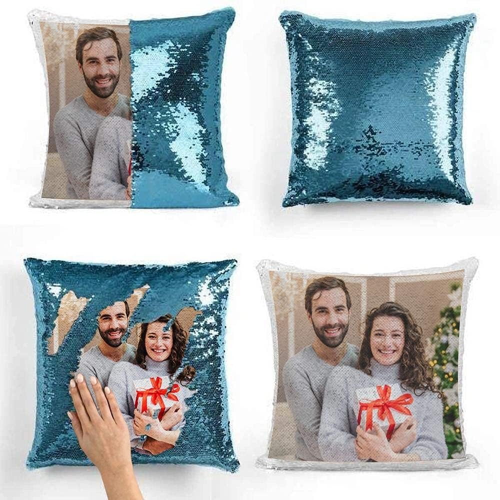 VEELU Custom Photo Sequin Pillow Case and Insert- White Personalized Mermaid Magic Reversible Sequin Pillow with Picture Personalized Gifts Home Decorative Cushion Cover