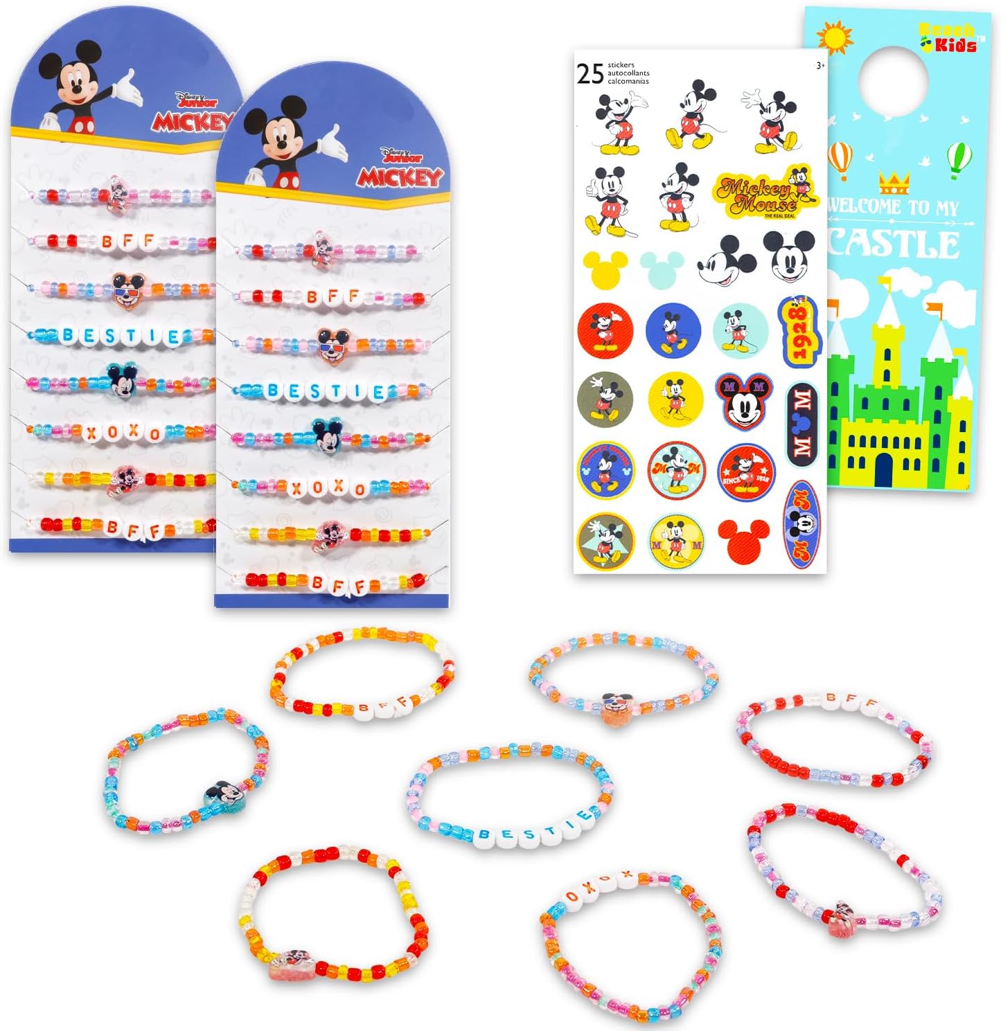 Mickey Mouse Birthday Party Favor Bracelets for Kids - Bundle with 16 Stretchy Friendship Bracelets for Boys, Girls Plus Stickers, More | Mickey Birthday Party Supplies Goodie Bag Fillers