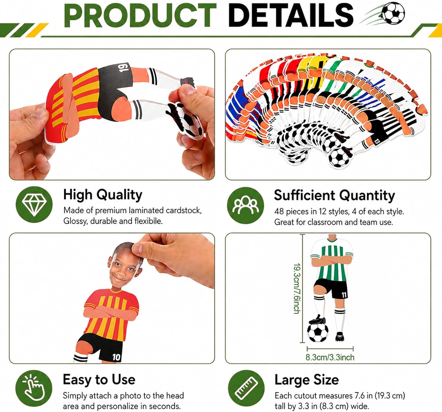 48Pcs Soccer Player Cutouts with Photo Space for Bulletin Board Decor Sport Theme DIY Photo Crafts Soccer Star Paper Cut Outs for School Home Chalkboard Wall Door Window Classroom Football Decors image 3