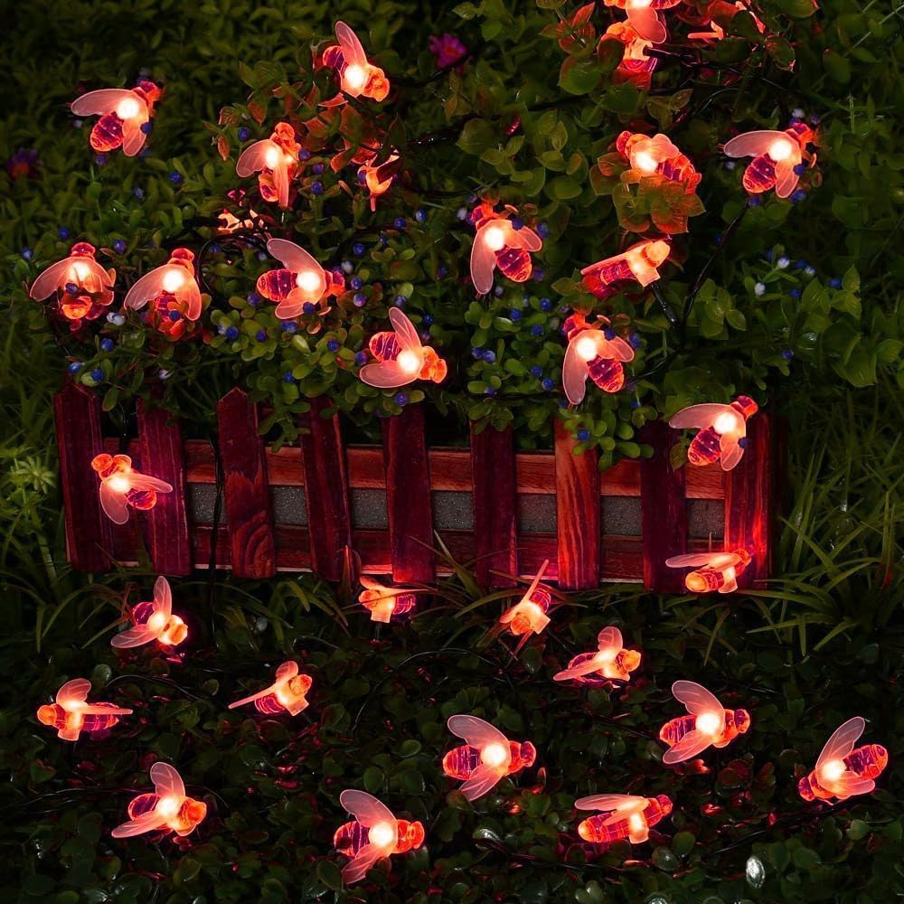 OKQYIMAQQ Solar Honeybee String Lights Outdoor, 7m 50LED Solar Bumble Bee String Lights Waterproof 8 Mode for Garden Yard (Red)