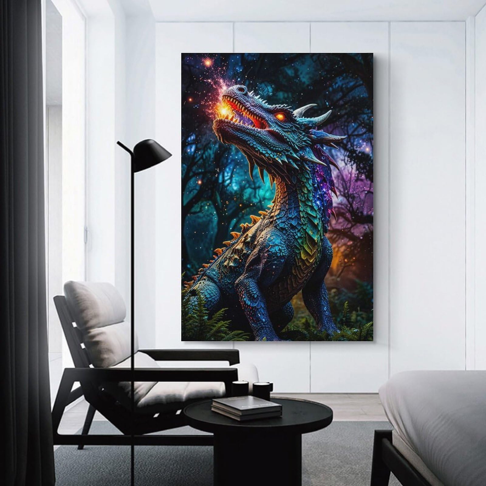Junmoney Room Decor Wall Art Dragon Breathing Fire in A Magical Forest, 12x18inch(30x45cm), for Home Office, Desk Area Or Studio, An Interior Accent for Desk Areas