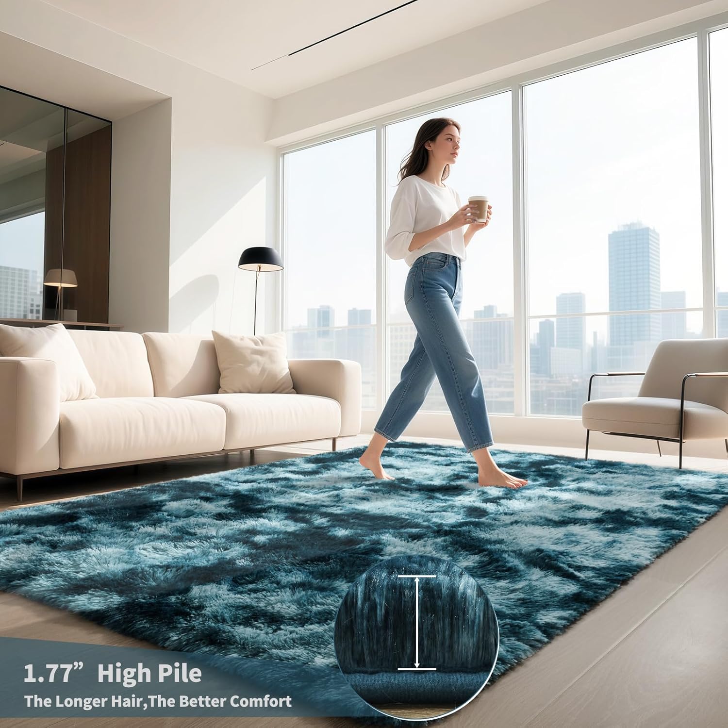 HQAYW 4x6 Area Rugs for Living Room, Tie-Dyed Ultra Soft Fluffy Washable Non-Slip Rug, Plush Shaggy Modern Indoor Carpet for Kids Girls and Boys Dorms Nursery Bedroom Office Home Decor, Peacock Blue
