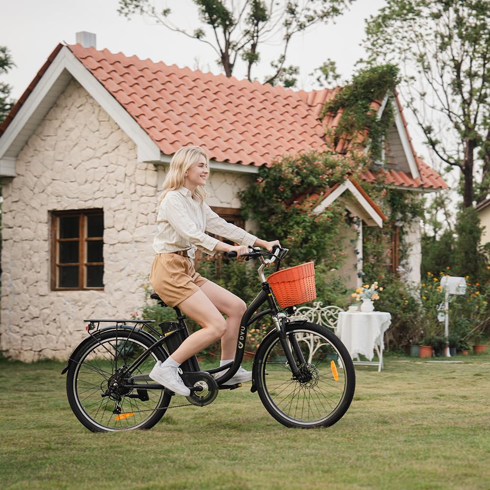 DYU Vélo Électrique,26 Pouces Vélo Électrique avec Dérailleur 6 Vitesses,36V 12,5Ah Batterie Amovible,Smart Urban E-Bike avec Panier,Pédalage Assisté,Hauteur Réglable,Adulte Unisexe