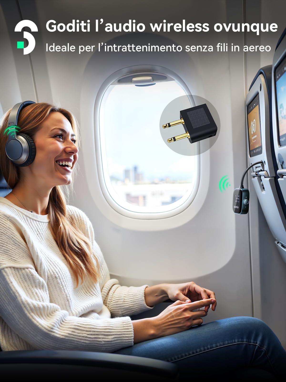 SOOMFON 2 in 1 Trasmettitore e ricevitore Bluetooth 5.3, Adattatore Audio Bluetooth AUX Jack da 3,5 mm con display, supporta la connessione di 2 Cuffie, adatto per TV, Aereo, Auto e Impianto Stereo