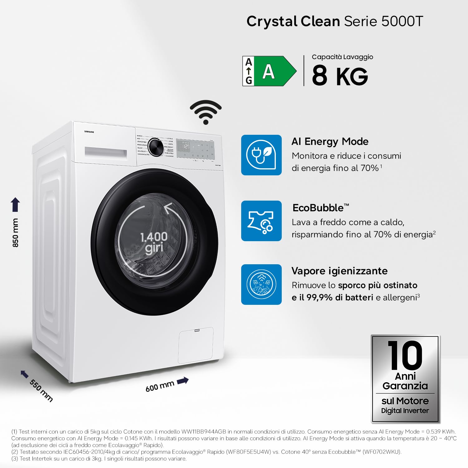 Samsung Lavatrice Crystal Clean WW80CGC04DAHET, Libera installazione, 8 Kg, 1400 RPM, Wifi, Ecobubble, Vapore Igienizzante, Carica Frontale, 60l x 85h x 60p cm